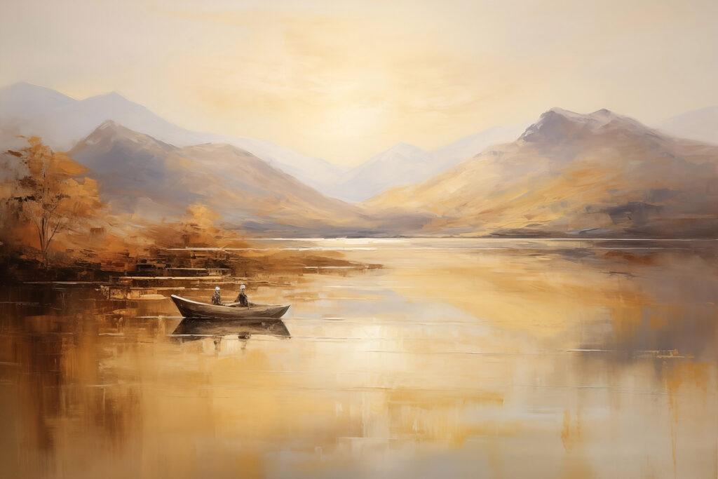 Painting of a boat on a lake with mountains in the background Painting of a boat on a lake with mountains in the background