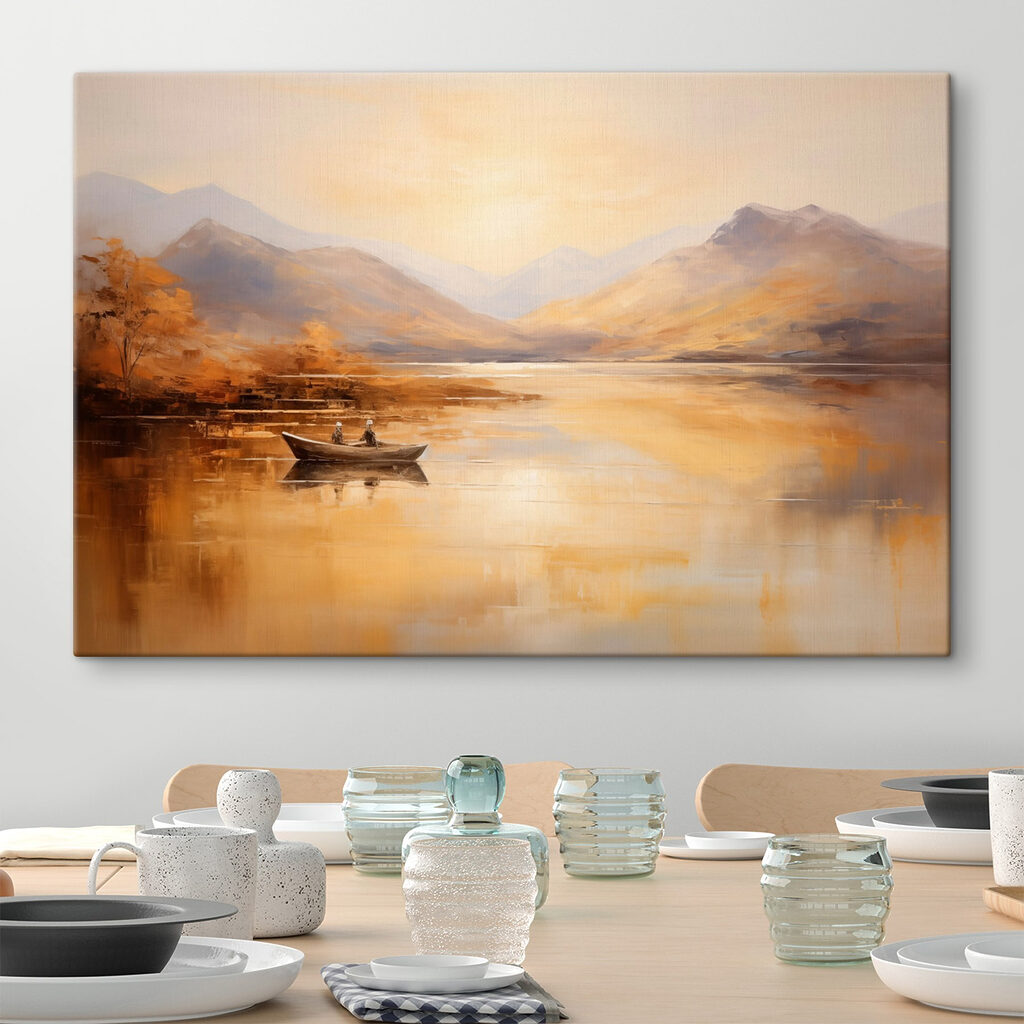 Painting of a boat on a lake with mountains in the background Painting of a boat on a lake with mountains in the background
