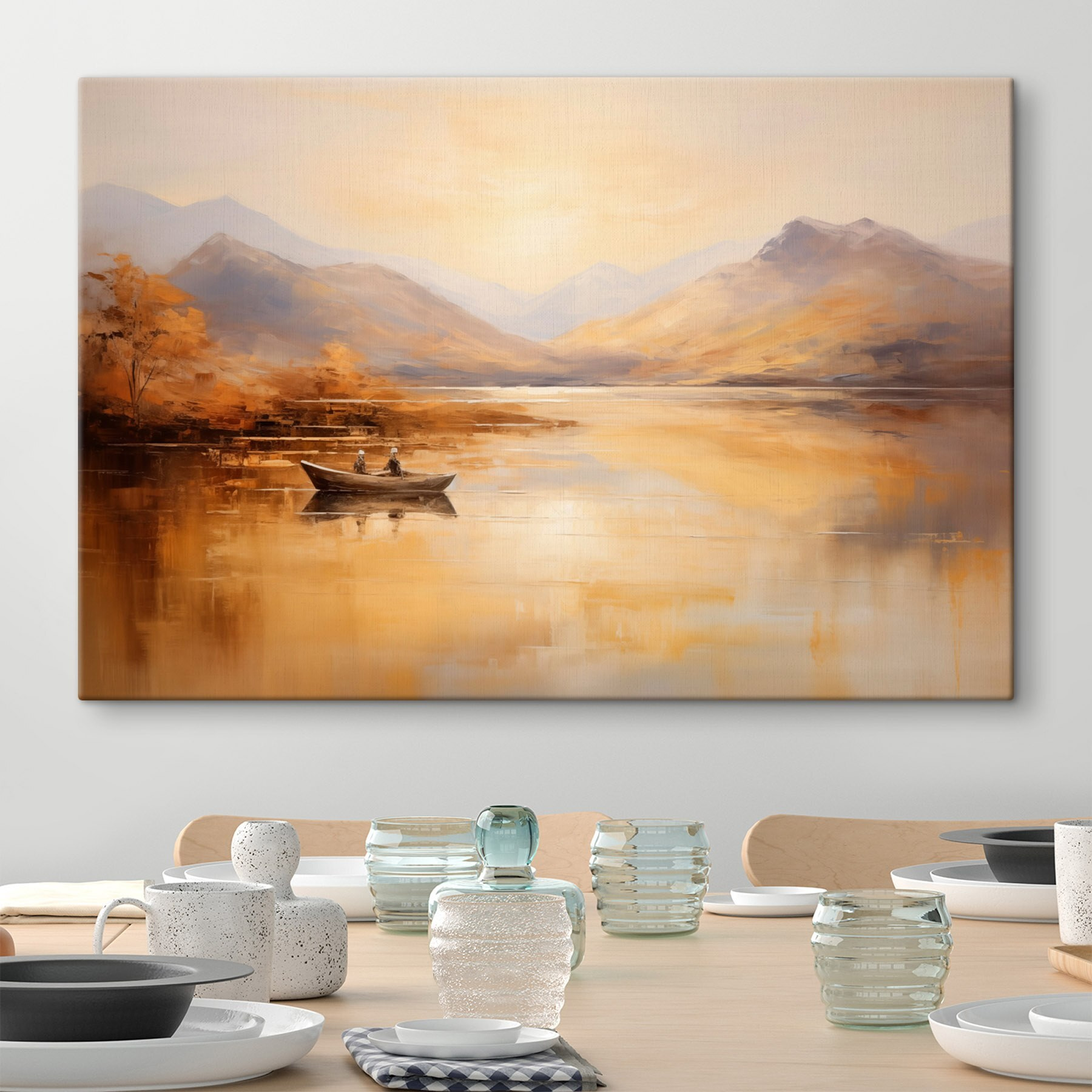 Painting of a boat on a lake with mountains in the background Painting of a boat on a lake with mountains in the background