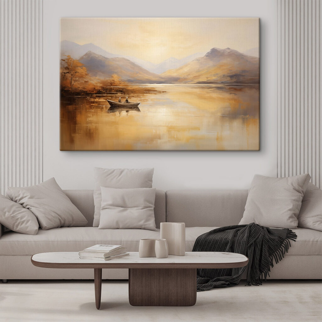 Painting of a boat on a lake with mountains in the background Painting of a boat on a lake with mountains in the background