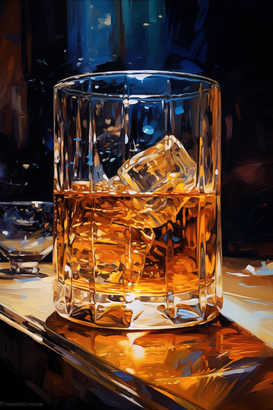 Glas amberkleurige vloeistof met ijsblokjes Glas amberkleurige vloeistof met ijsblokjes