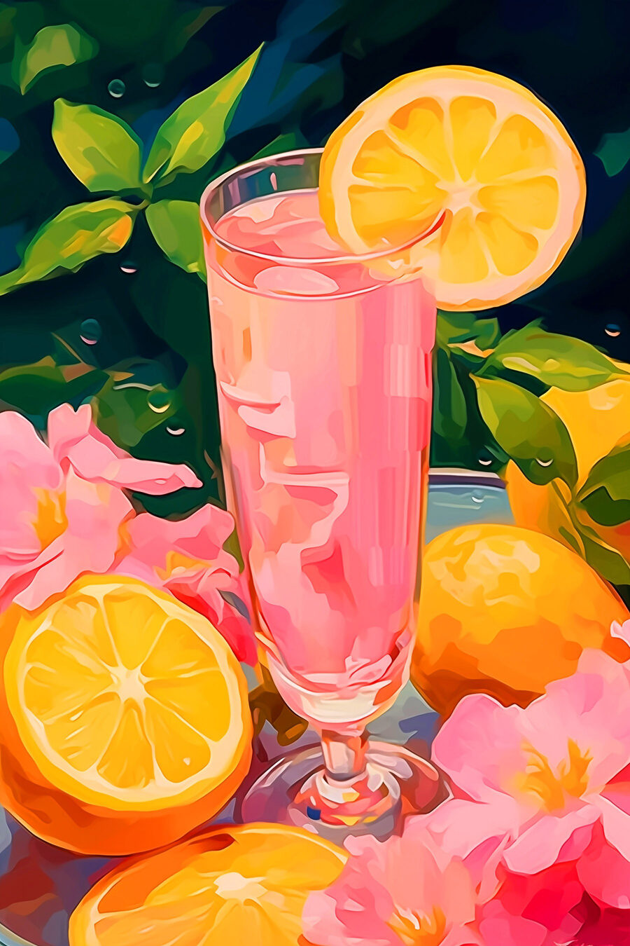 Glas roze vloeistof met citroenen en bloemen Glas roze vloeistof met citroenen en bloemen