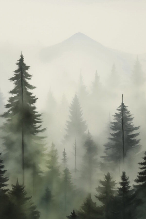 Mistig bos met bomen en een berg op de achtergrond Mistig bos met bomen en een berg op de achtergrond