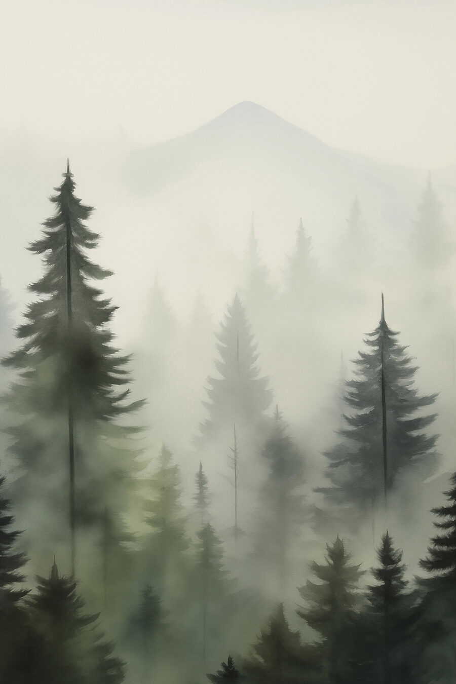 Mistig bos met bomen en een berg op de achtergrond