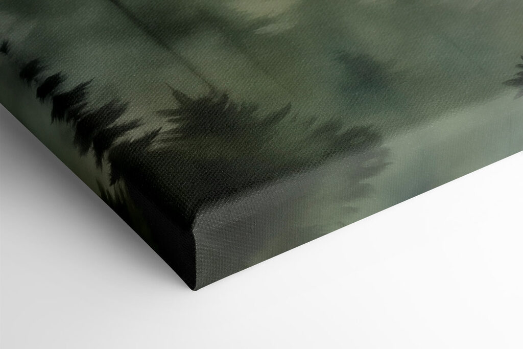 Foggy forest with trees and a mountain in the background