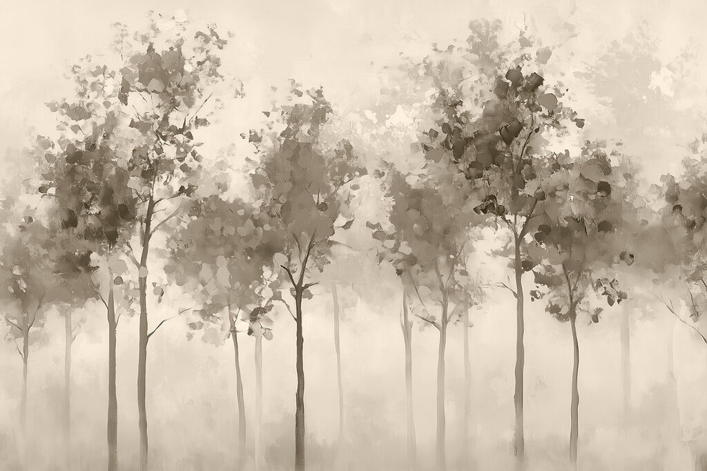 Groep bomen in een mistig gebied Groep bomen in een mistig gebied