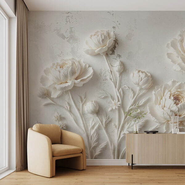 Snijwerk van witte bloemen op een muur Snijwerk van witte bloemen op een muur