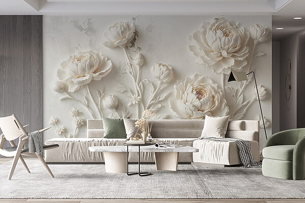 Snijwerk van witte bloemen op een muur Snijwerk van witte bloemen op een muur