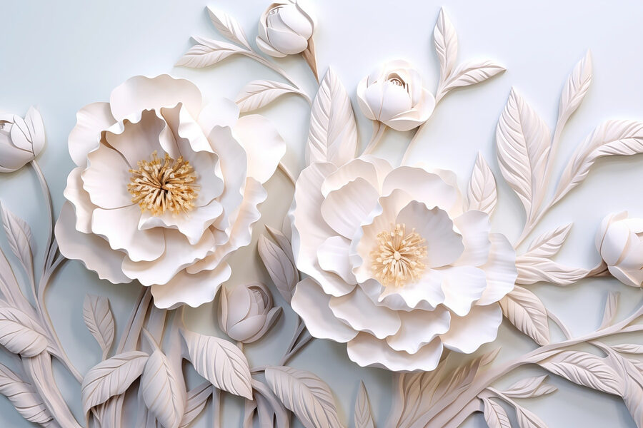 Witte bloemen en bladeren op een wit oppervlak