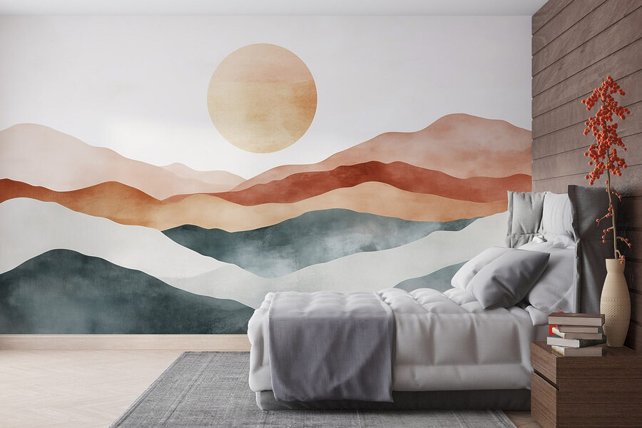 Schilderij van bergen en zon Schilderij van bergen en zon