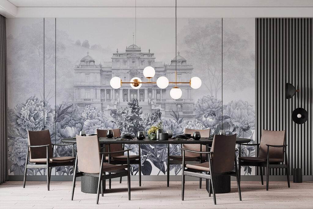 Large white building with flowers