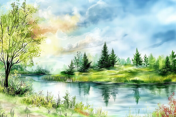 Aquarel van een meer met bomen en gras Aquarel van een meer met bomen en gras