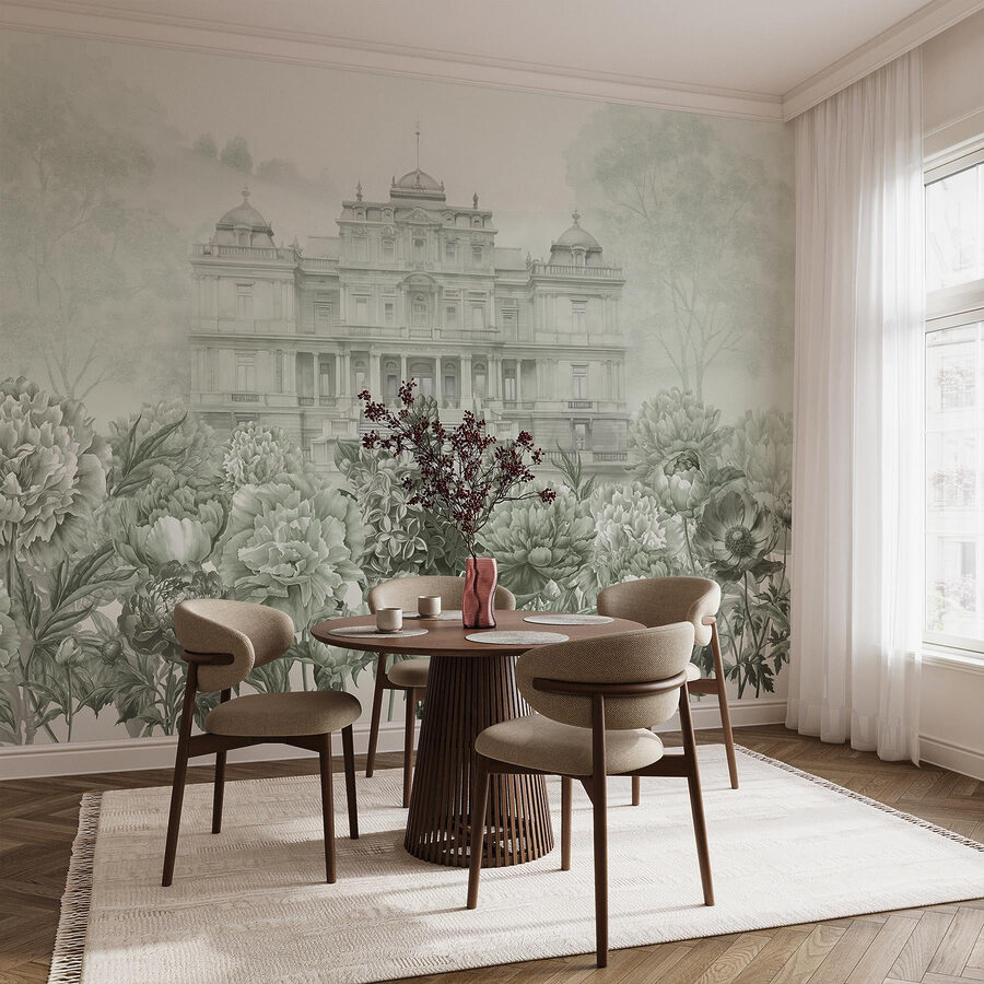 Groot wit gebouw met bloemen