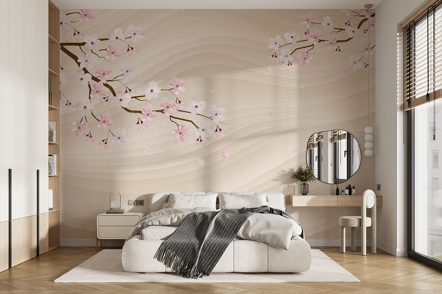 Boomtak met witte en roze bloemen