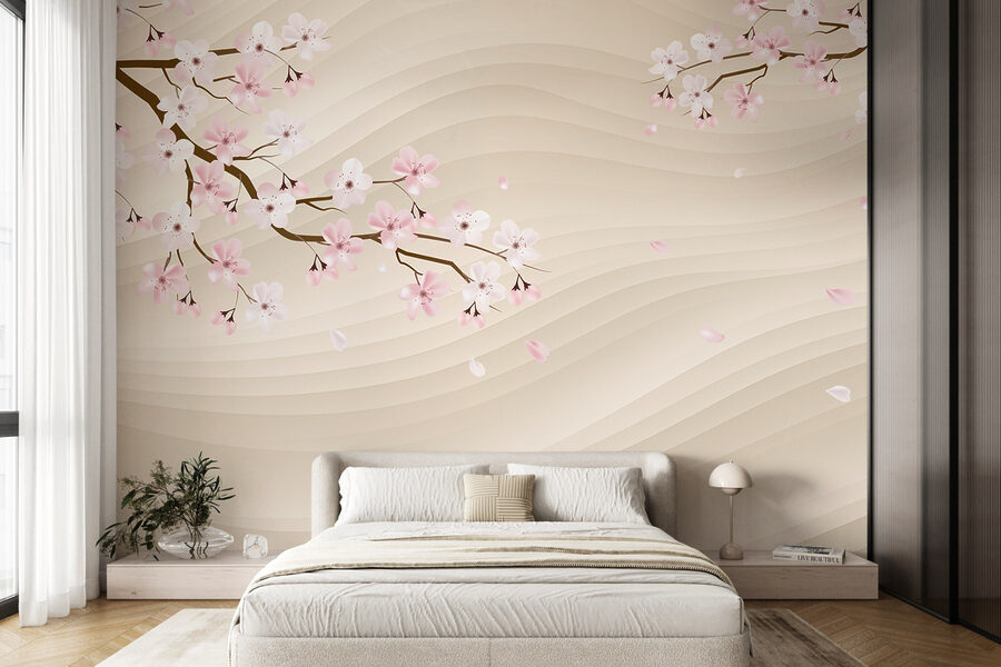 Boomtak met witte en roze bloemen