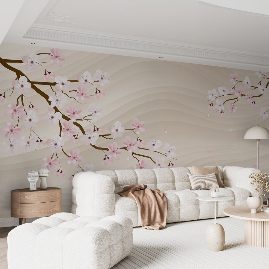 Boomtak met witte en roze bloemen