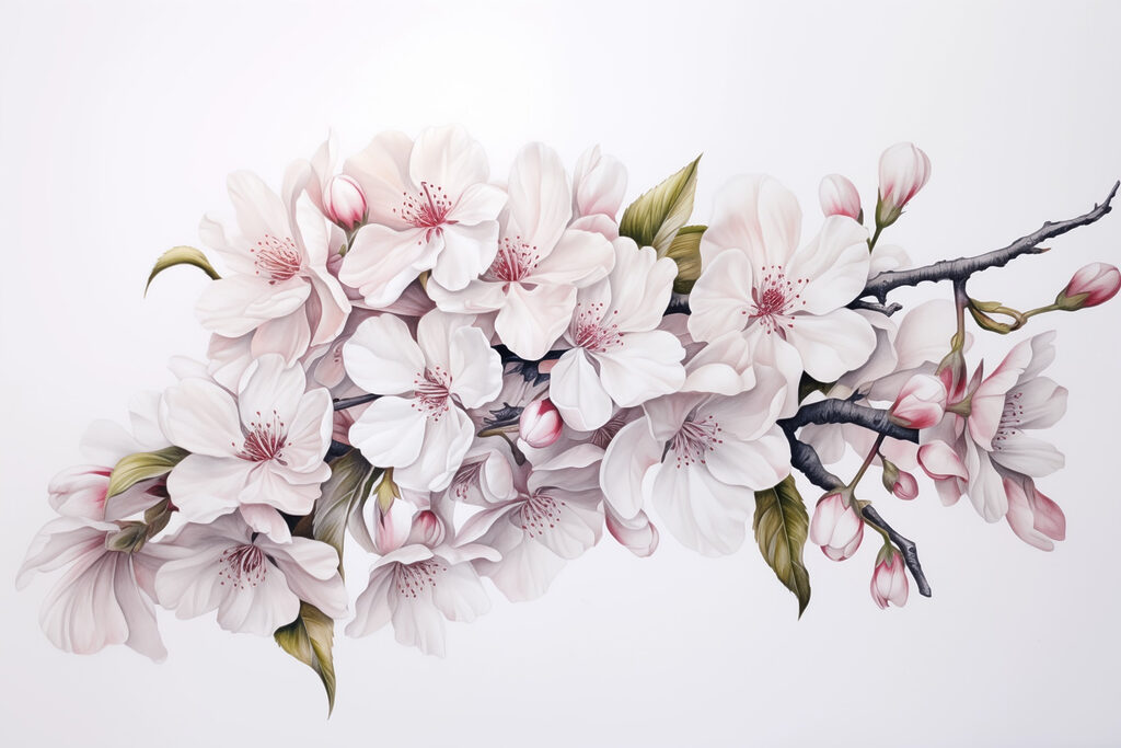 Schilderij van witte bloemen op een tak Schilderij van witte bloemen op een tak