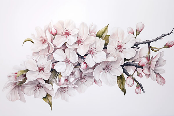 Schilderij van witte bloemen op een tak Schilderij van witte bloemen op een tak