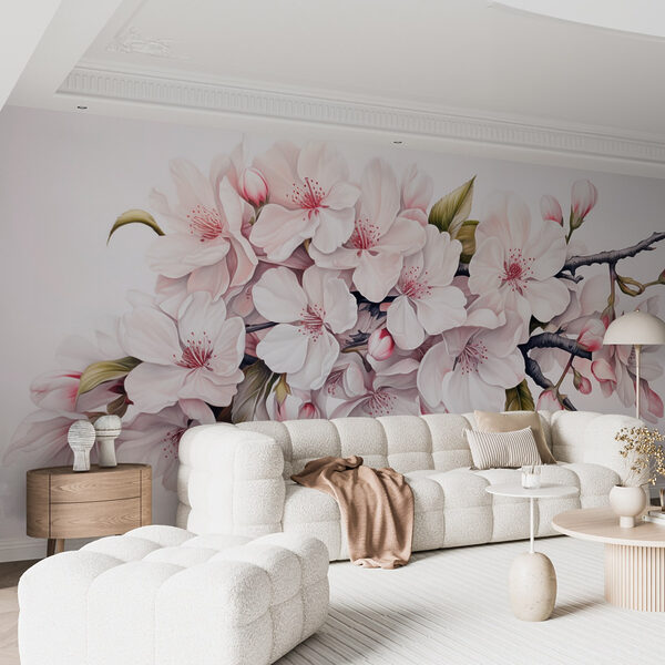 Schilderij van witte bloemen op een tak Schilderij van witte bloemen op een tak