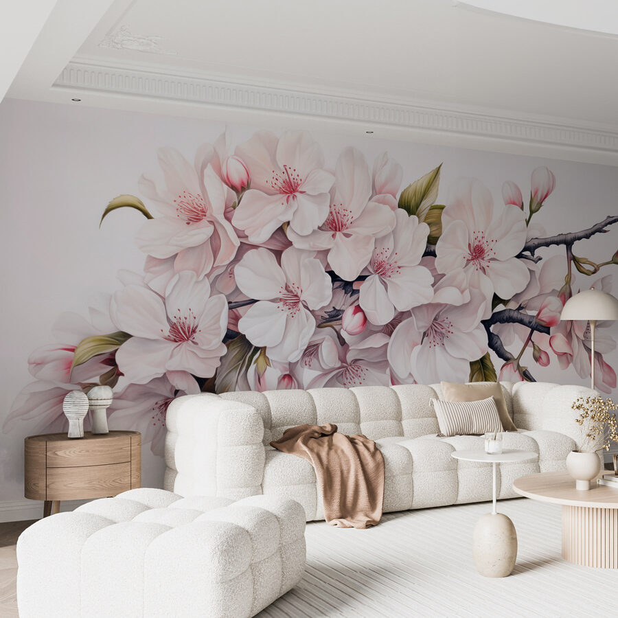 Schilderij van witte bloemen op een tak