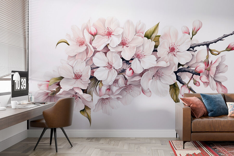 Schilderij van witte bloemen op een tak