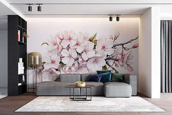 Schilderij van witte bloemen op een tak Schilderij van witte bloemen op een tak