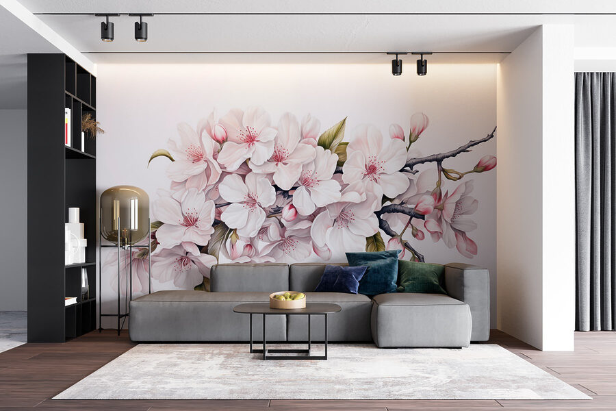 Schilderij van witte bloemen op een tak