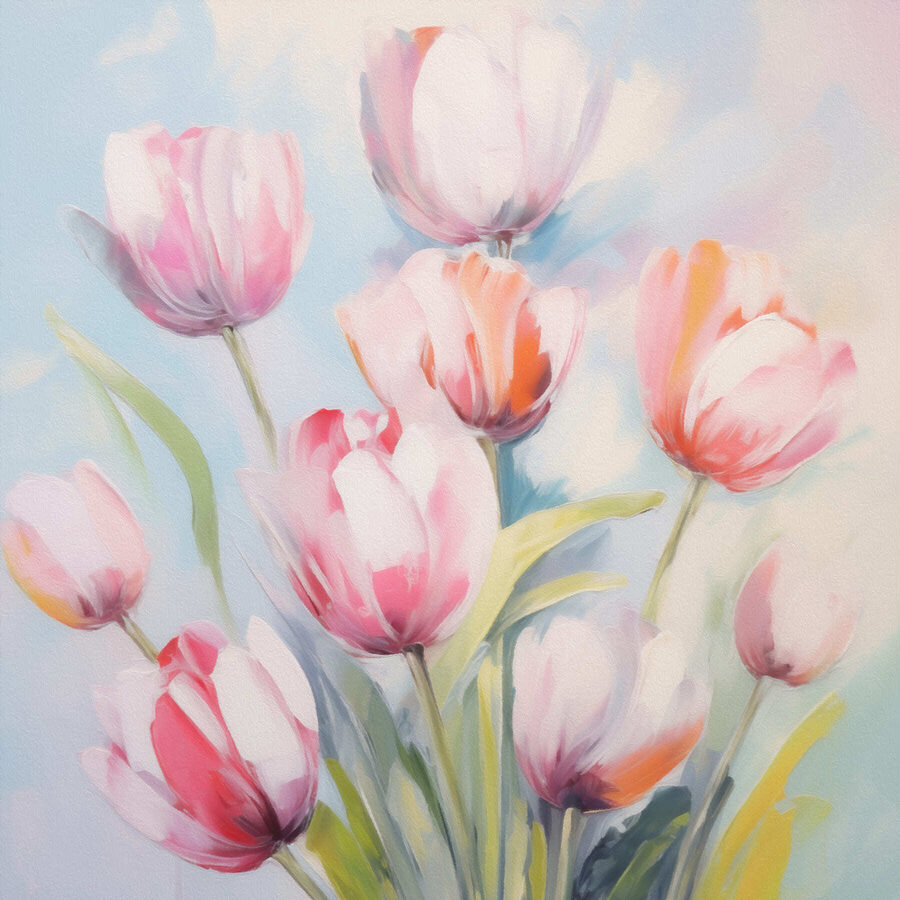 Schilderij van roze en witte tulpen