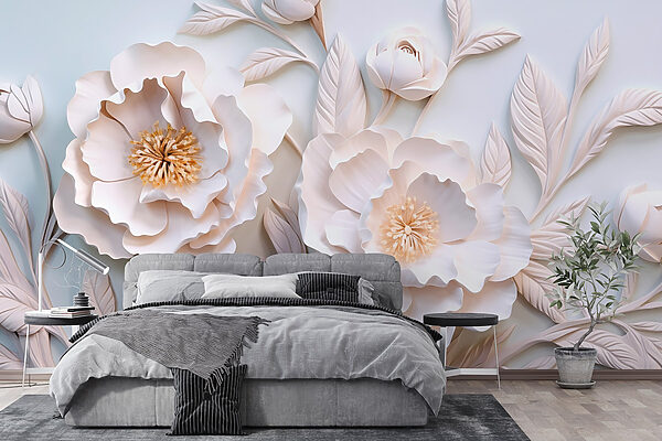 Witte bloemen en bladeren op een wit oppervlak Witte bloemen en bladeren op een wit oppervlak