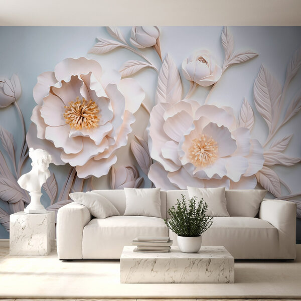 Witte bloemen en bladeren op een wit oppervlak Witte bloemen en bladeren op een wit oppervlak