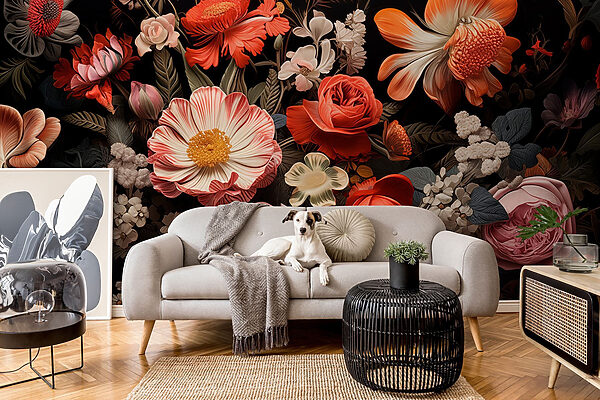 Groep bloemen op zwarte achtergrond Fotobehang Groep bloemen op zwarte achtergrond