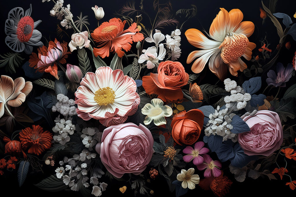 Groep bloemen op zwarte achtergrond Groep bloemen op zwarte achtergrond
