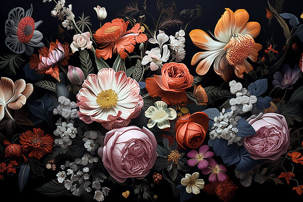 Groep bloemen op zwarte achtergrond Groep bloemen op zwarte achtergrond