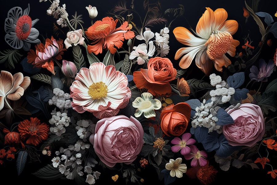 Groep bloemen op zwarte achtergrond Groep bloemen op zwarte achtergrond