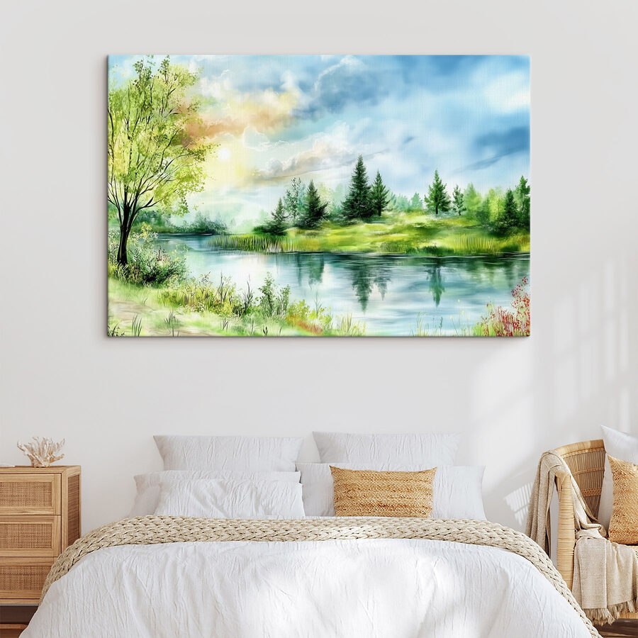 Aquarel van een meer met bomen en gras