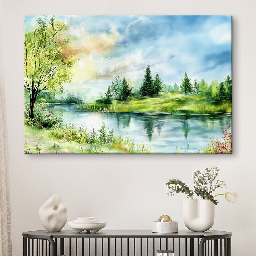 Aquarel van een meer met bomen en gras