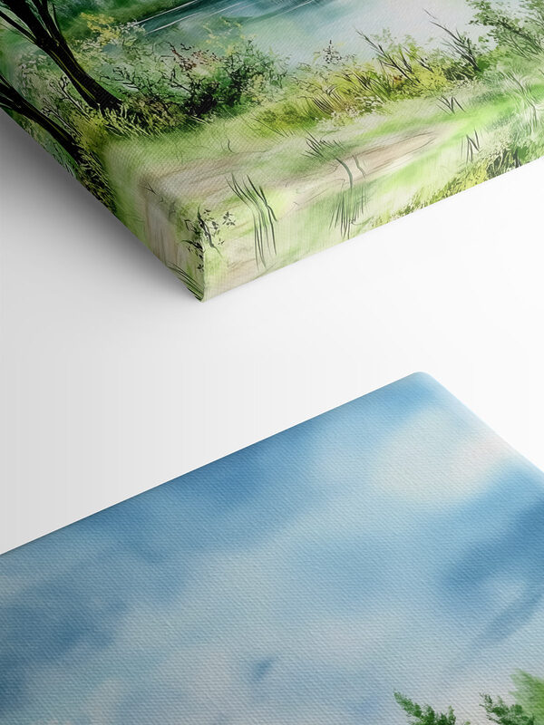 Aquarel van een meer met bomen en gras Aquarel van een meer met bomen en gras