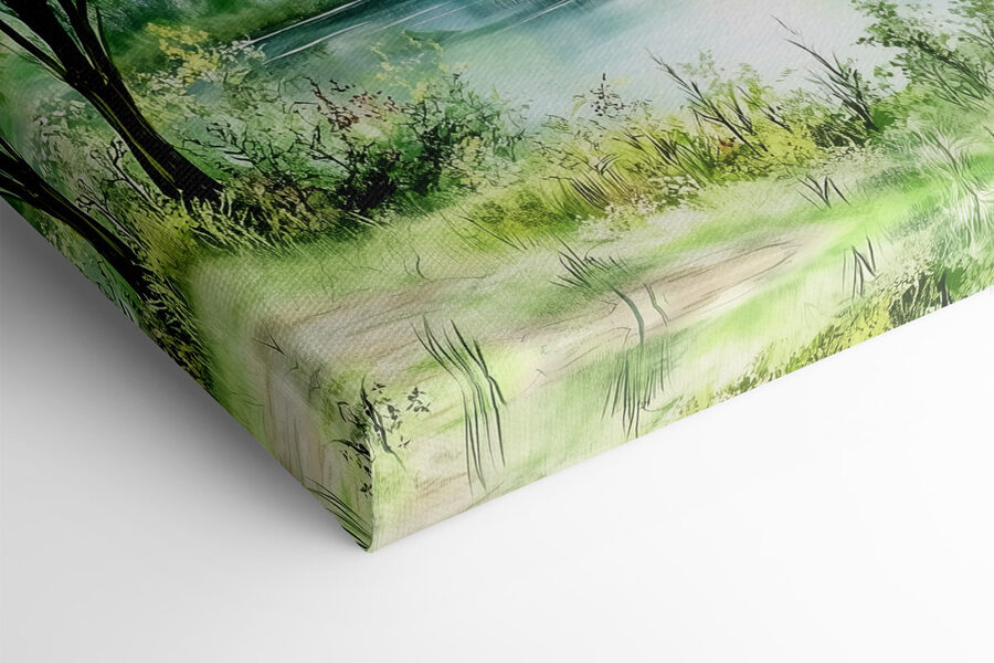 Aquarel van een meer met bomen en gras