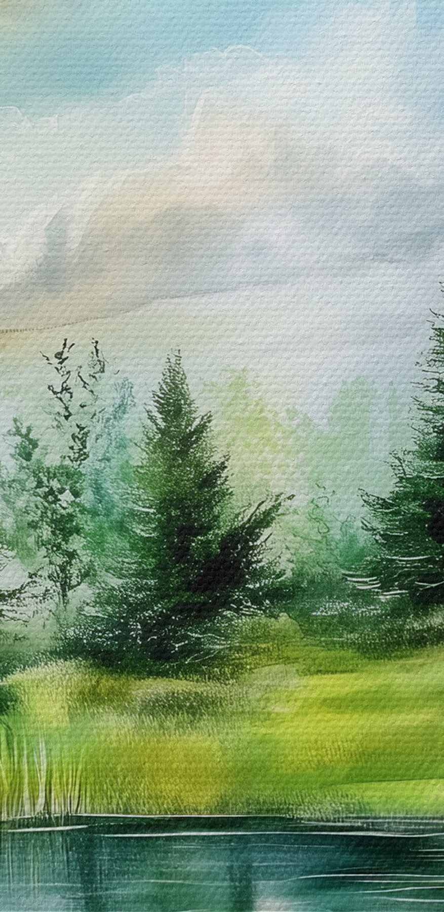 Aquarel van een meer met bomen en gras