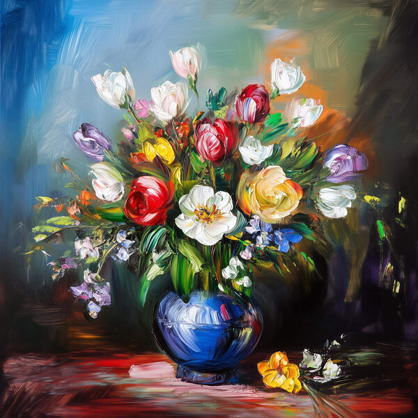 Schilderij van bloemen in een blauwe vaas Schilderij van bloemen in een blauwe vaas