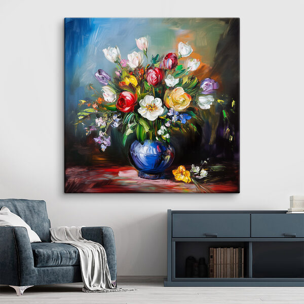 Schilderij van bloemen in een blauwe vaas Schilderij van bloemen in een blauwe vaas