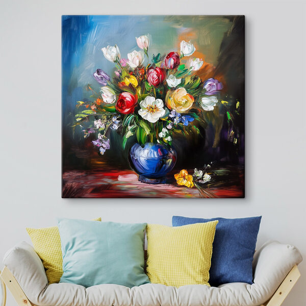 Schilderij van bloemen in een blauwe vaas Schilderij van bloemen in een blauwe vaas