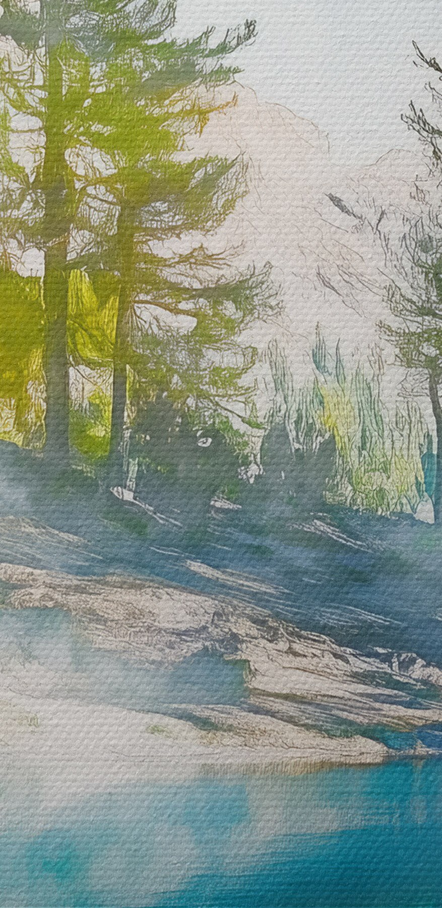 Water met bomen en bergen op de achtergrond