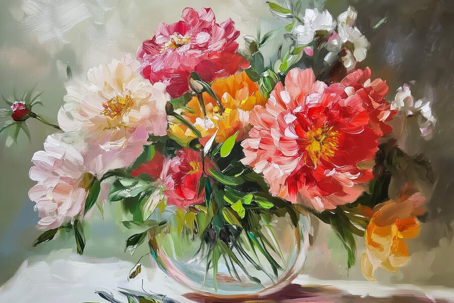 Schilderij van bloemen in een vaas