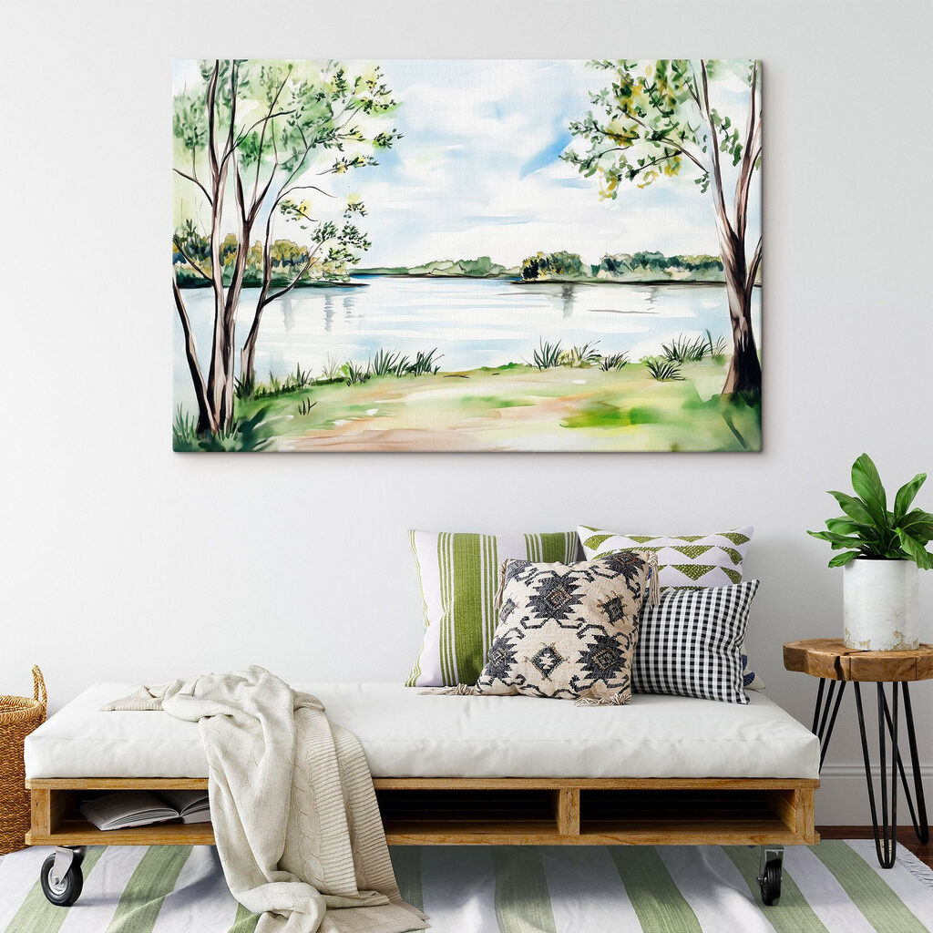 Watercolor of a lake with trees and grass