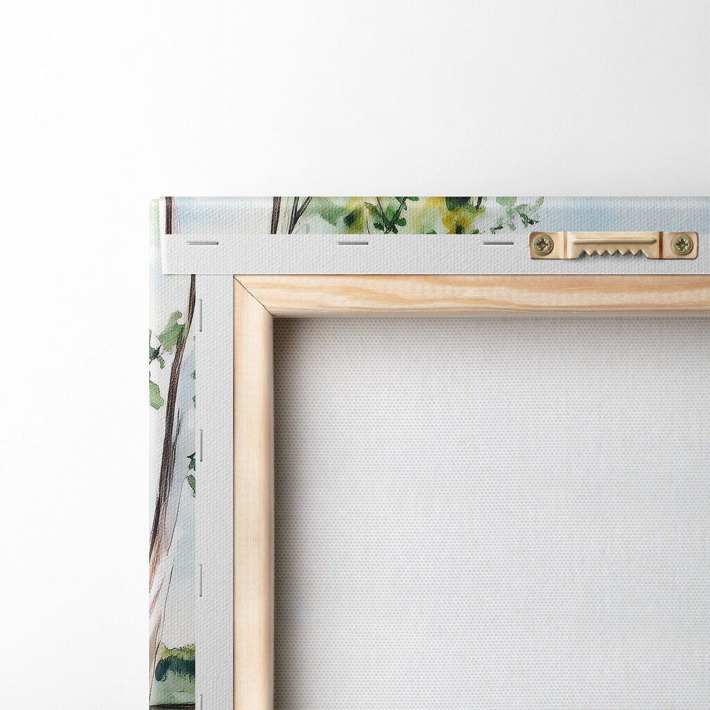 Watercolor of a lake with trees and grass