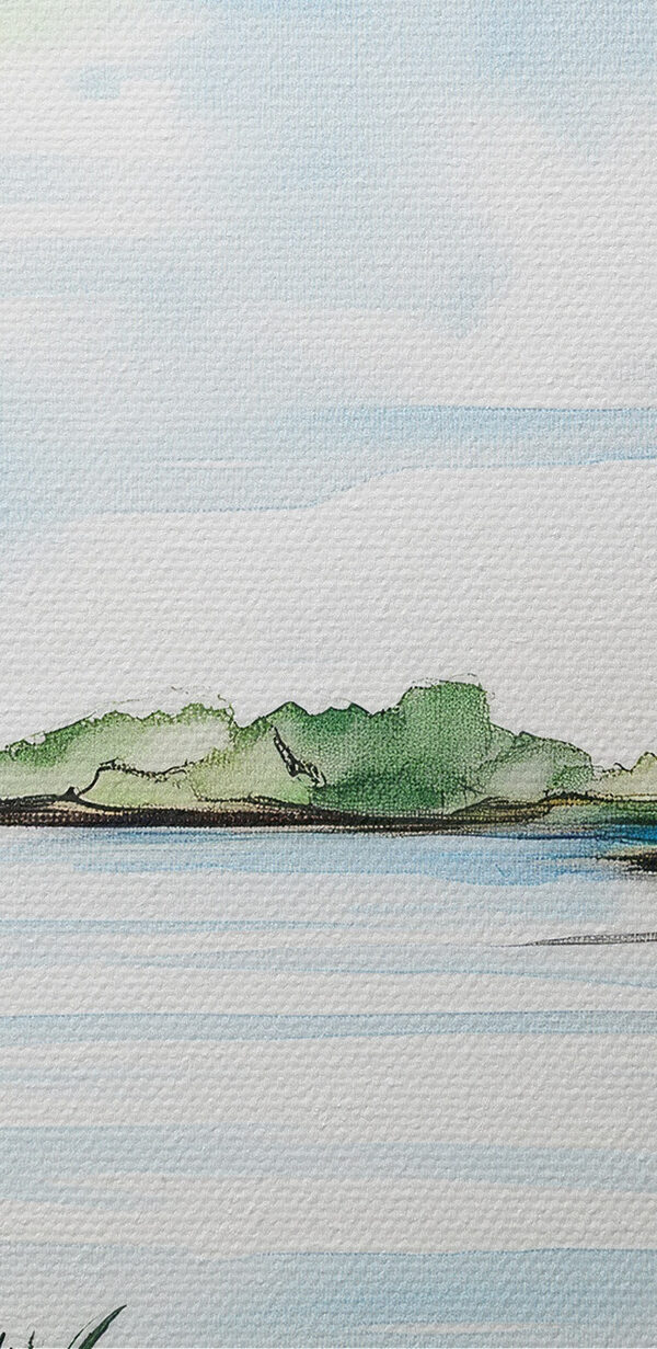 Aquarel van een meer met bomen en gras Aquarel van een meer met bomen en gras