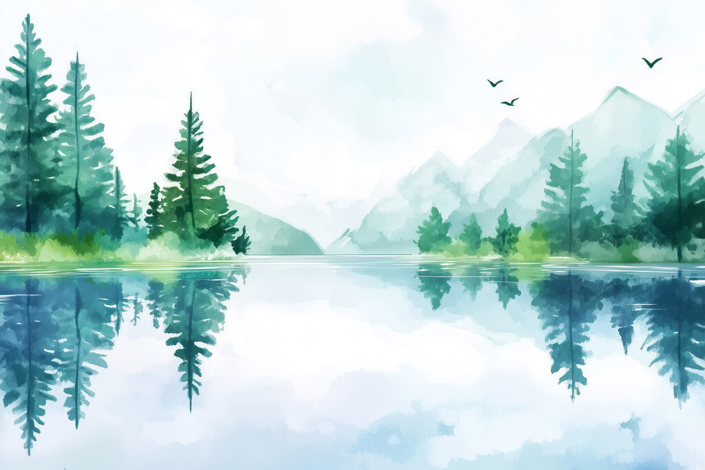 Water with trees and mountains in the background