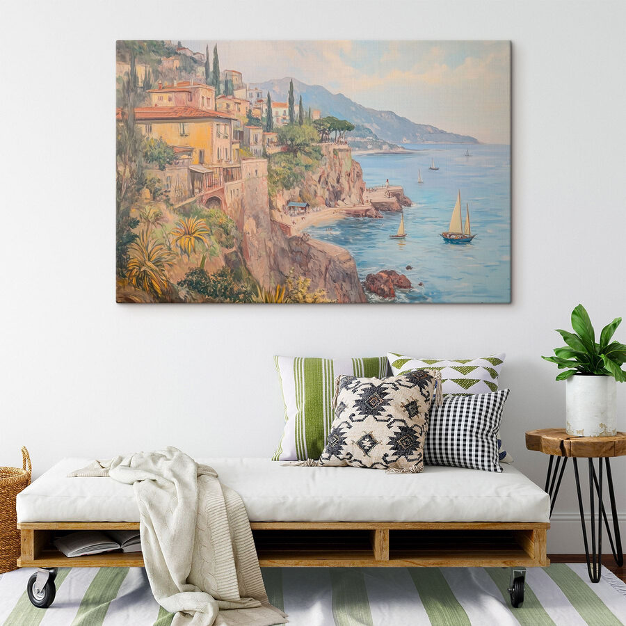 Schilderij van een stad op een klif aan het water Schilderij van een stad op een klif aan het water