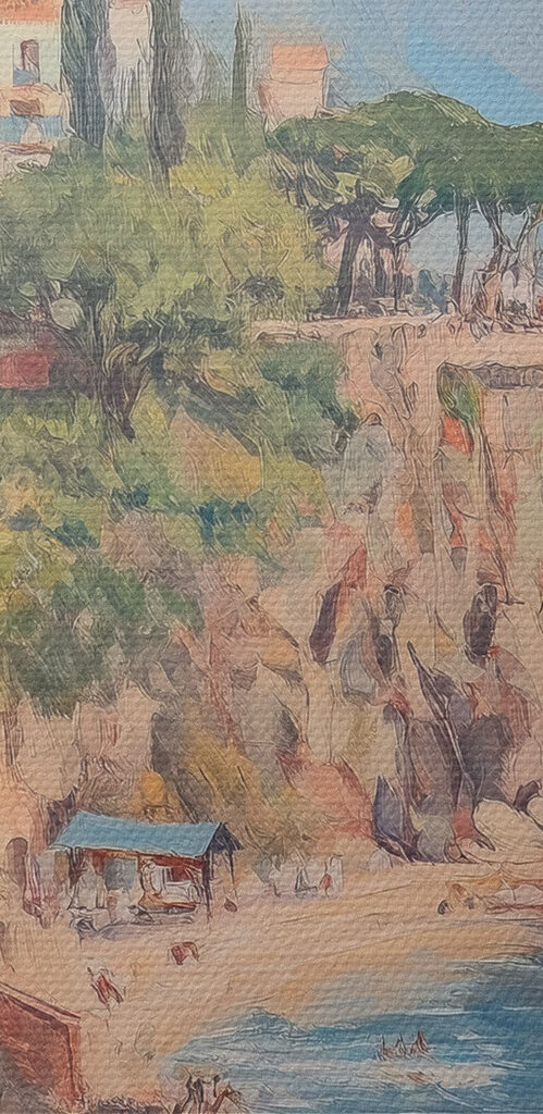 Painting of a town on a cliff by the water Painting of a town on a cliff by the water